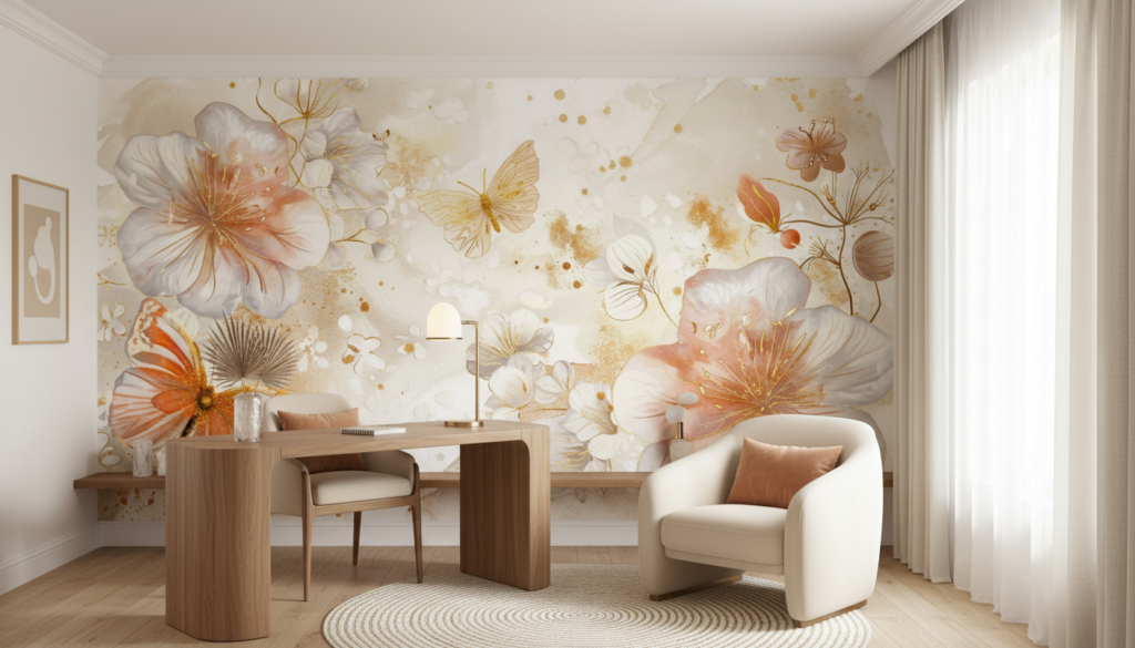 Papier peint floral aquarelle avec hibiscus dorés et papillons délicats - Bureau