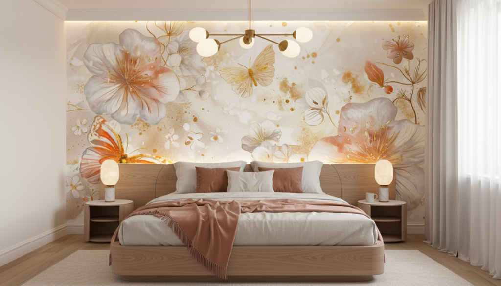 Papier peint floral aquarelle avec hibiscus dorés et papillons délicats - Chambre adulte