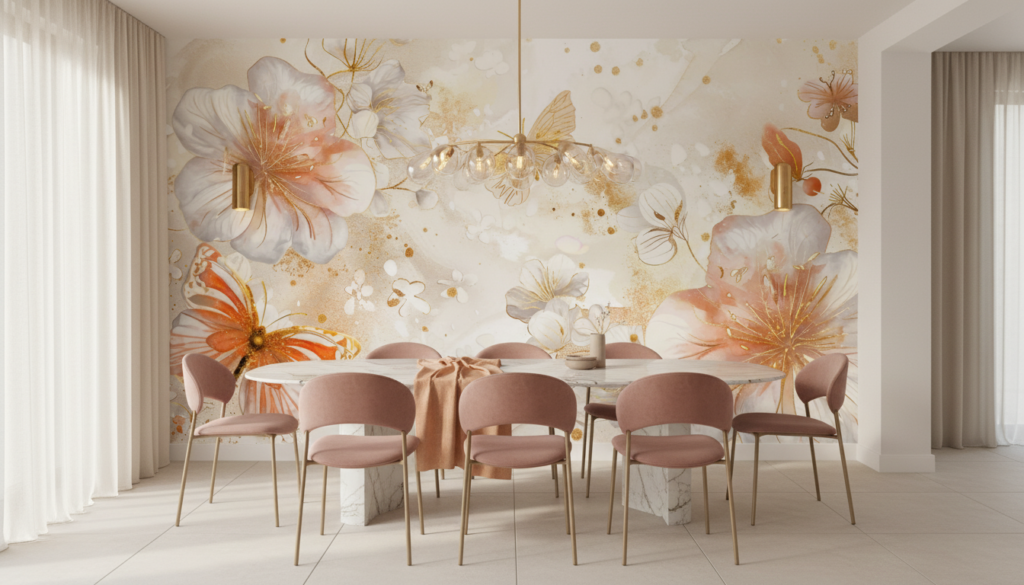 Papier peint floral aquarelle avec hibiscus dorés et papillons délicats - Salle à manger