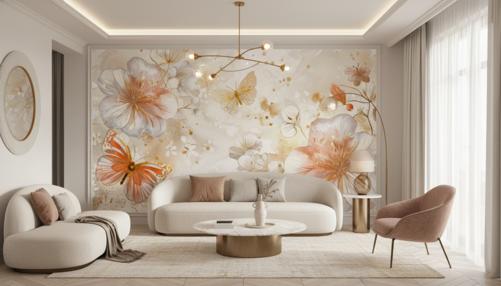 Papier peint floral aquarelle avec hibiscus dorés et papillons délicats - Salon / Séjour