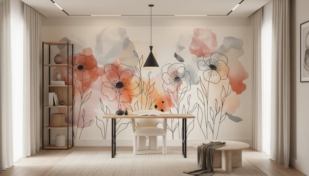 Papier peint floral aquarelle avec motifs botaniques délicats rose et corail - Bureau