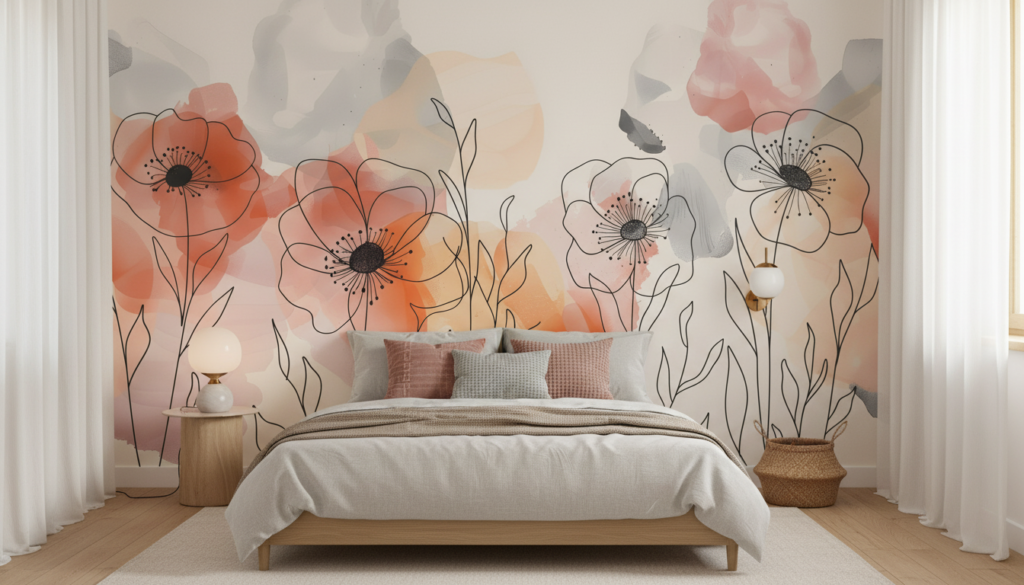 Papier peint floral aquarelle avec motifs botaniques délicats rose et corail - Chambre adulte