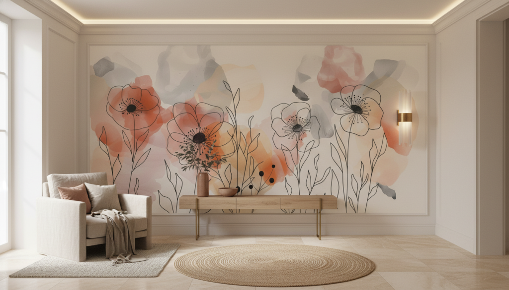 Papier peint floral aquarelle avec motifs botaniques délicats rose et corail - Entrée