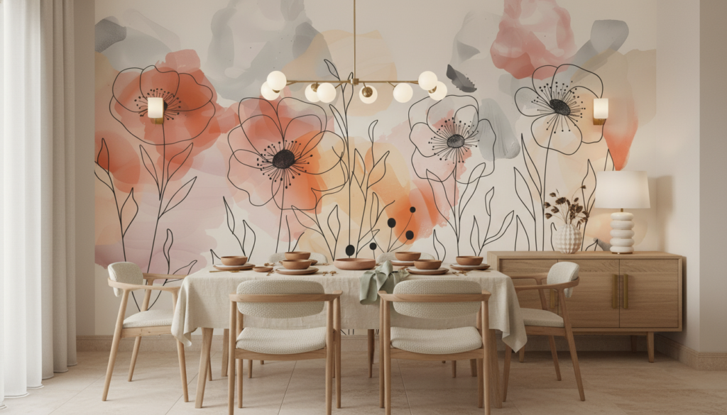 Papier peint floral aquarelle avec motifs botaniques délicats rose et corail - Salle à manger