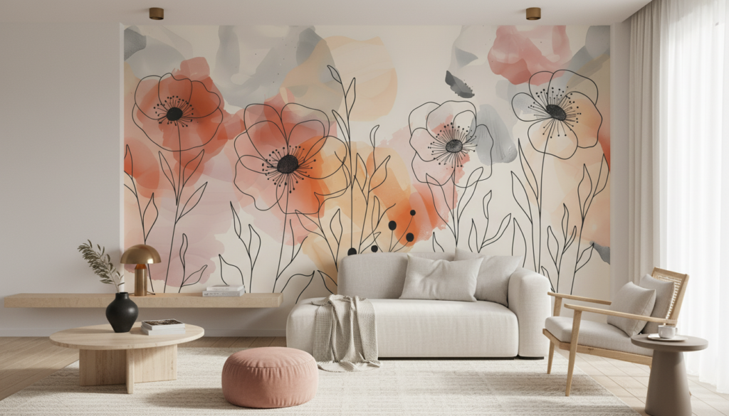 Papier peint floral aquarelle avec motifs botaniques délicats rose et corail - Salon / Séjour