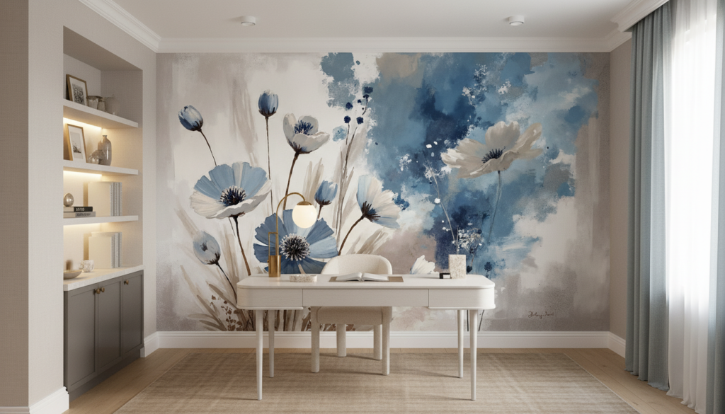 Papier peint floral aquarelle bleu et blanc style romantique - Bureau