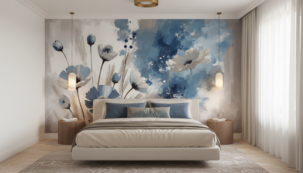 Papier peint floral aquarelle bleu et blanc style romantique - Chambre adulte