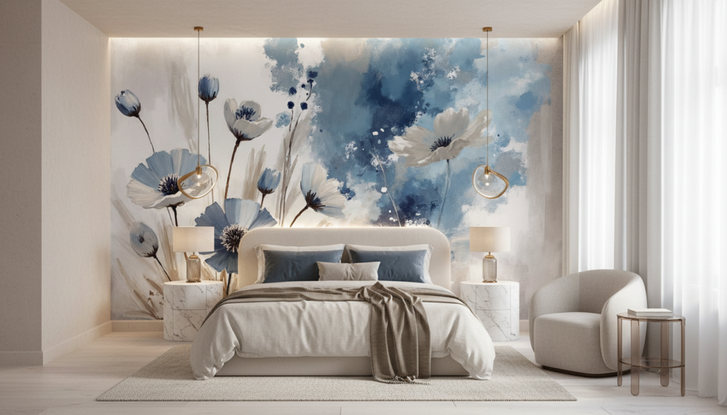 Papier peint floral aquarelle bleu et blanc style romantique - Hôtel