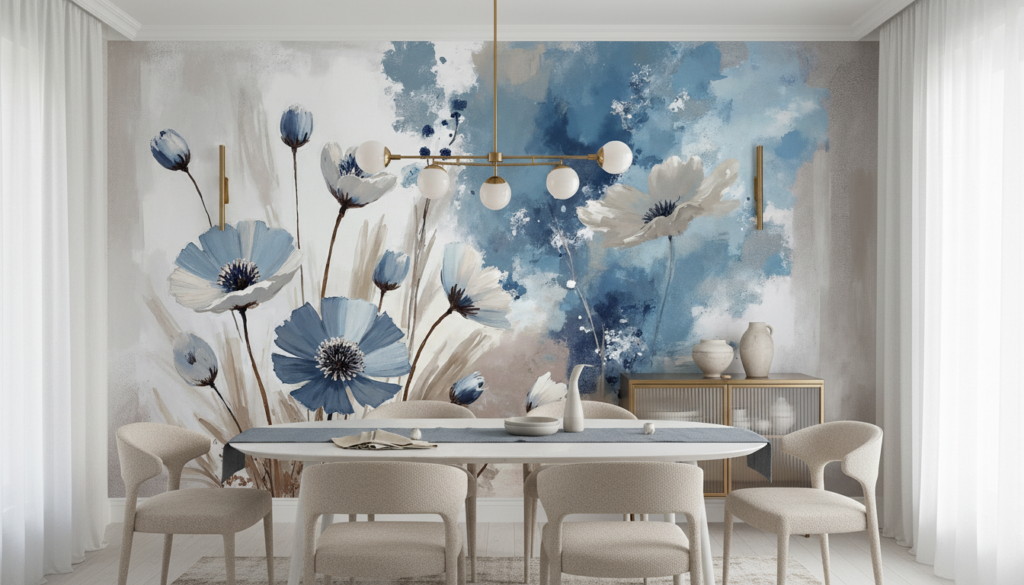 Papier peint floral aquarelle bleu et blanc style romantique - Salle à manger