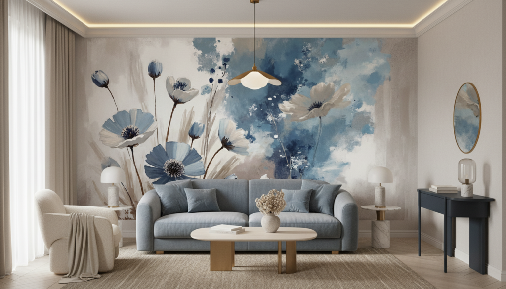 Papier peint floral aquarelle bleu et blanc style romantique - Salon / Séjour