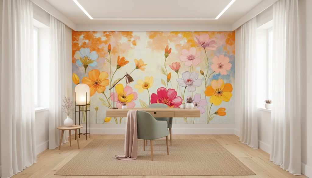 Papier peint floral aquarelle cosmos multicolores ambiance champêtre romantique - Bureau