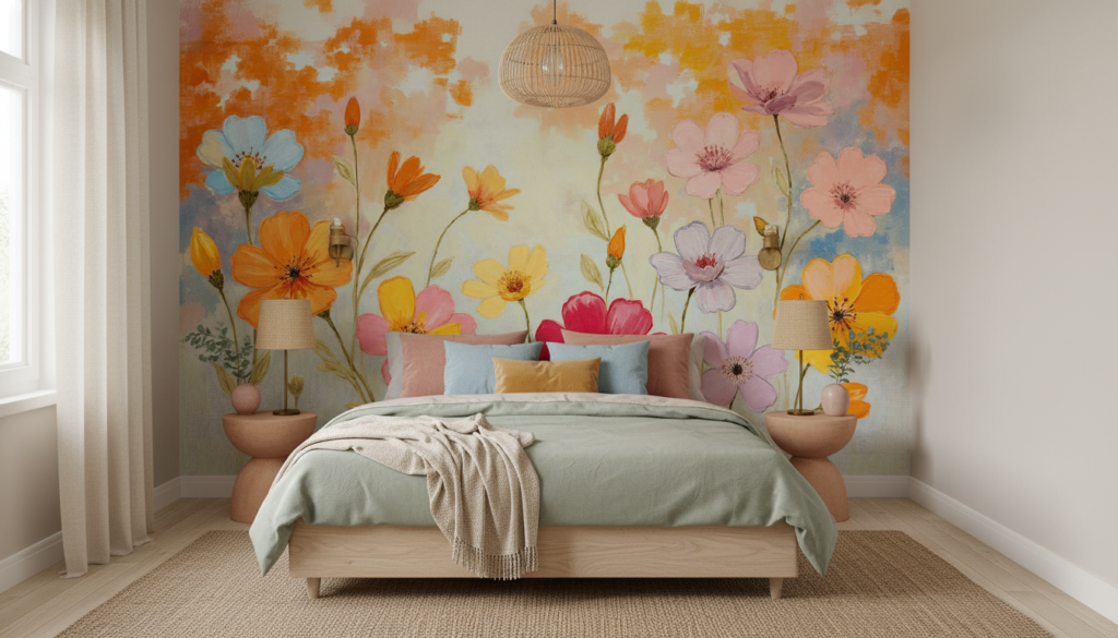 Papier peint floral aquarelle cosmos multicolores ambiance champêtre romantique - Chambre adulte