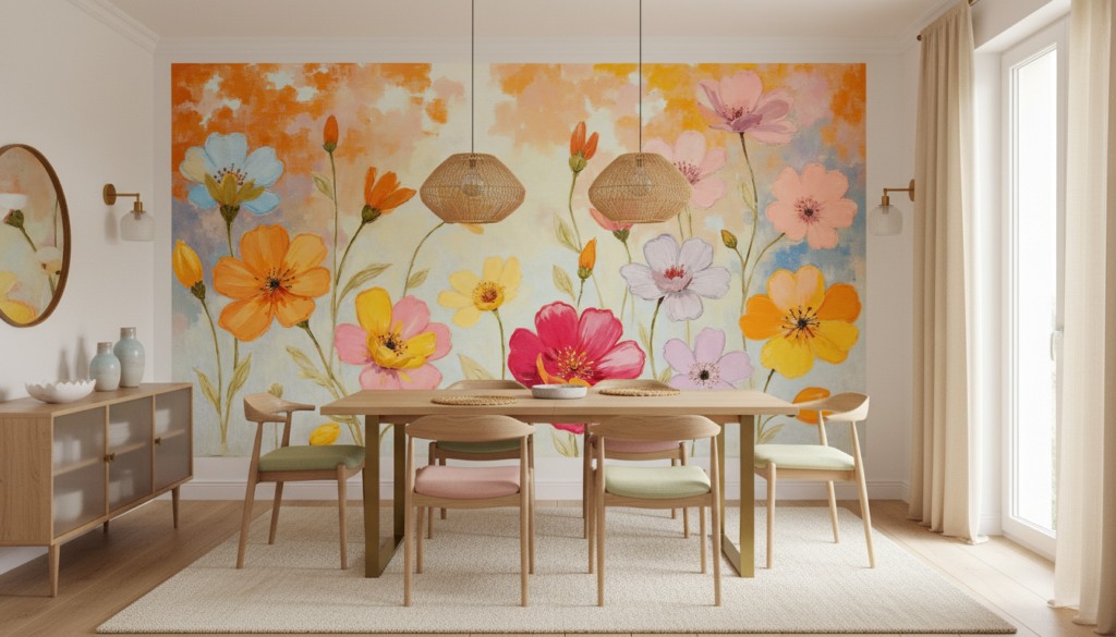 Papier peint floral aquarelle cosmos multicolores ambiance champêtre romantique - Salle à manger