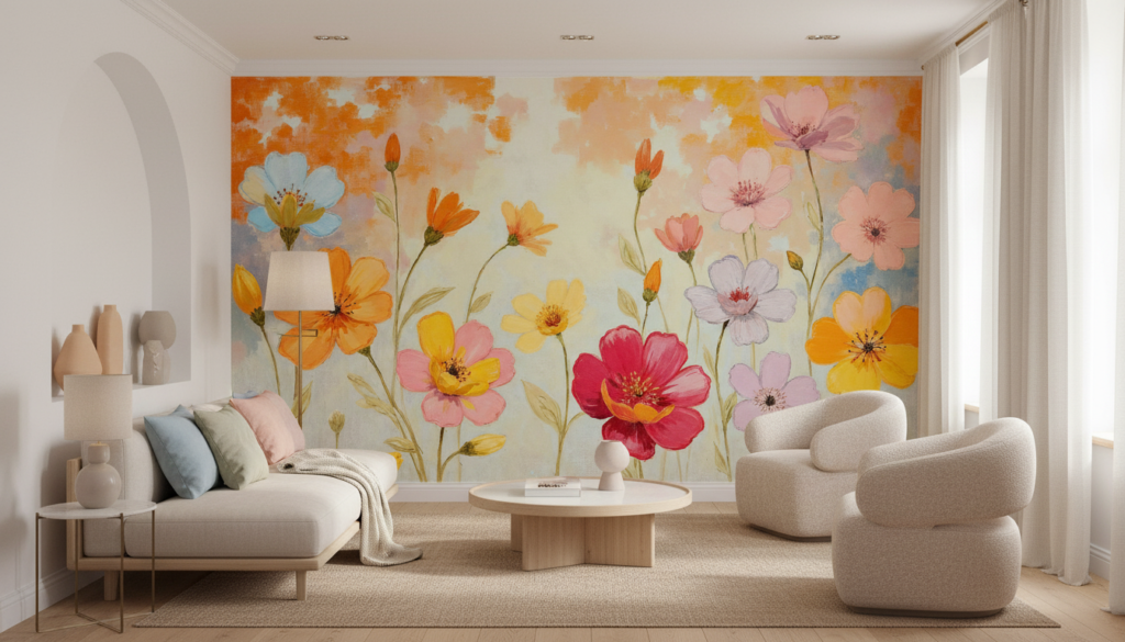 Papier peint floral aquarelle cosmos multicolores ambiance champêtre romantique - Salon / Séjour