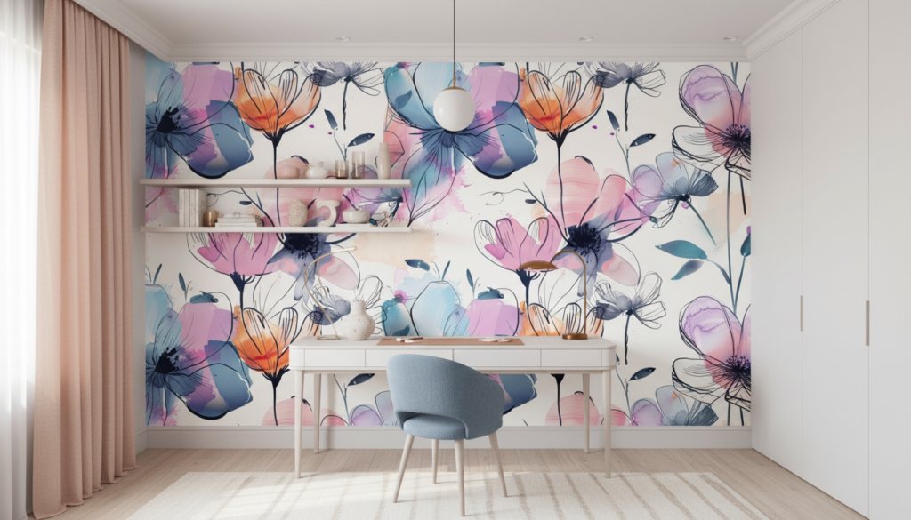 Papier peint floral aquarelle rose bleu moderne artistique délicat - Bureau