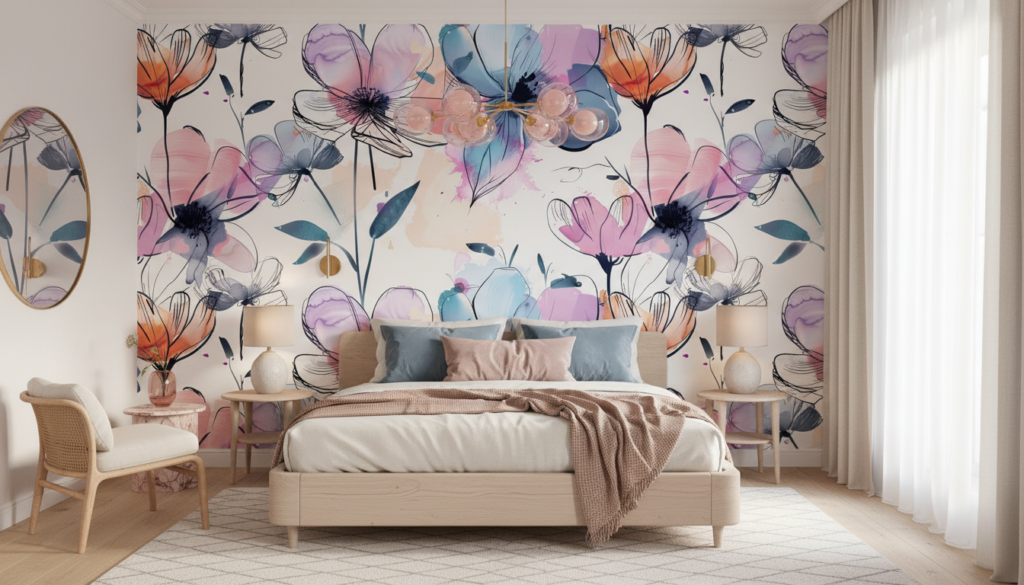 Papier peint floral aquarelle rose bleu moderne artistique délicat - Chambre adulte