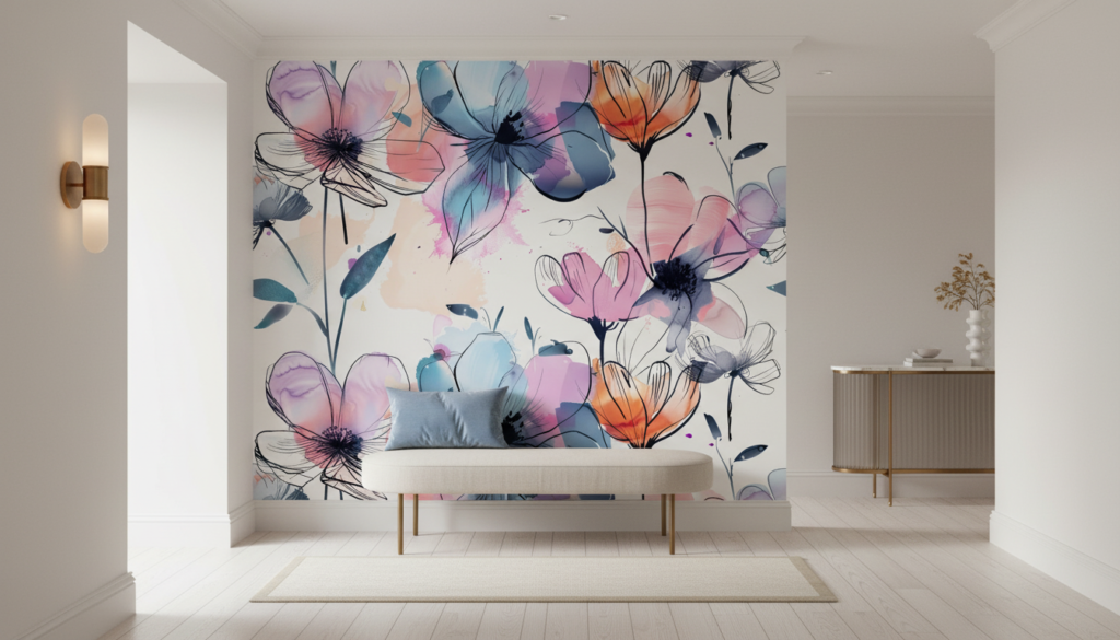 Papier peint floral aquarelle rose bleu moderne artistique délicat - Entrée