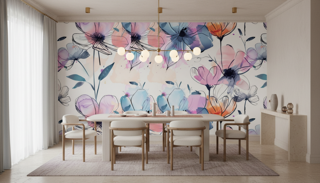 Papier peint floral aquarelle rose bleu moderne artistique délicat - Salle à manger