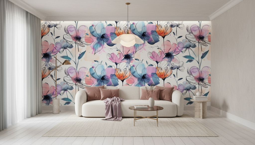 Papier peint floral aquarelle rose bleu moderne artistique délicat - Salon / Séjour