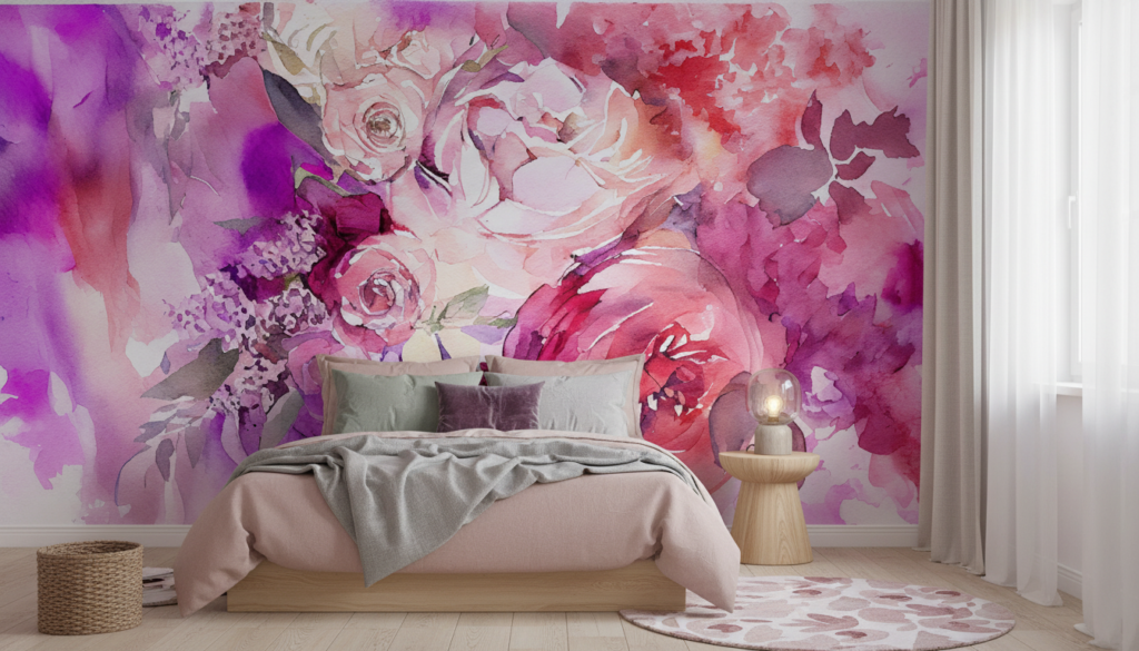 Papier peint floral aquarelle roses et pivoines tons rose violet - Chambre ado