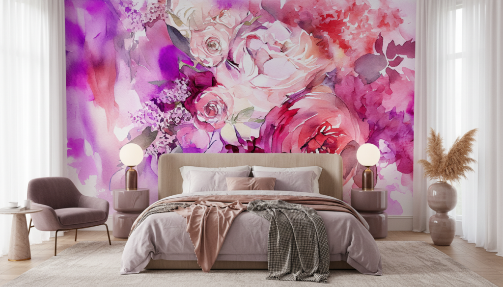 Papier peint floral aquarelle roses et pivoines tons rose violet - Chambre adulte