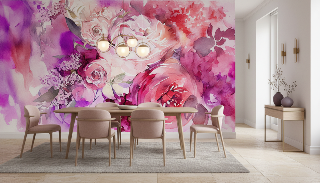 Papier peint floral aquarelle roses et pivoines tons rose violet - Salle à manger