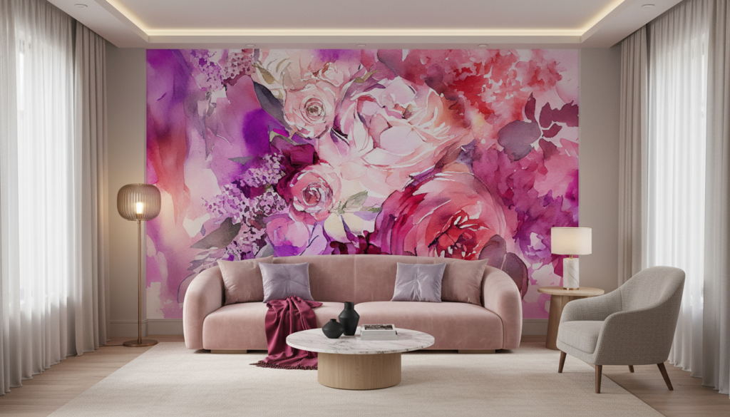 Papier peint floral aquarelle roses et pivoines tons rose violet - Salon / Séjour