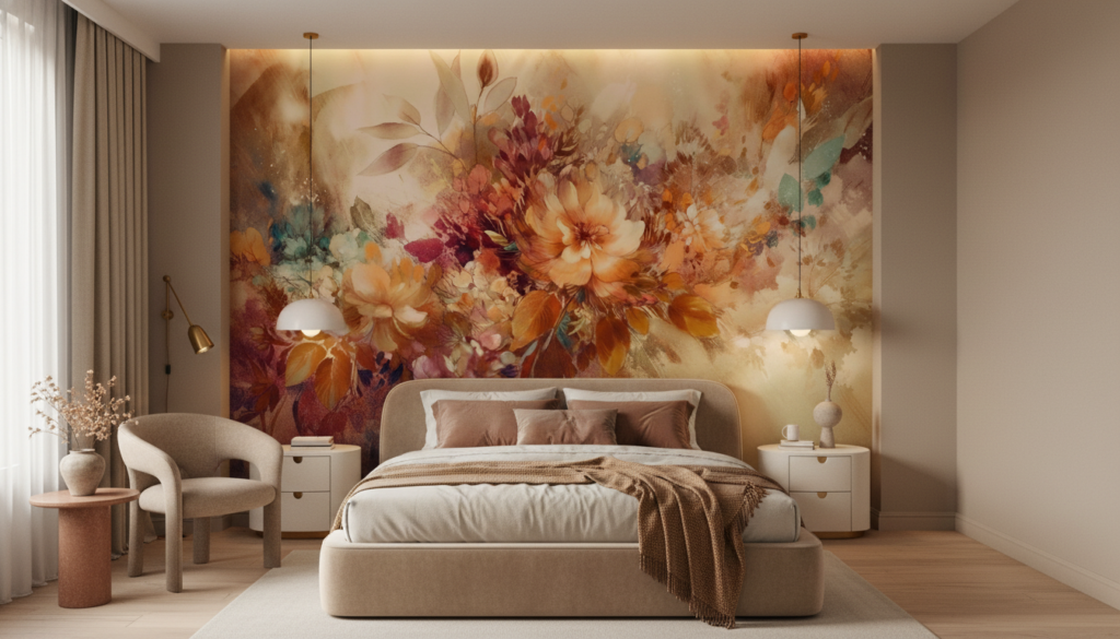 Papier Peint Floral Aquarelle Tons Chauds Automne Explosion Artistique - Chambre adulte