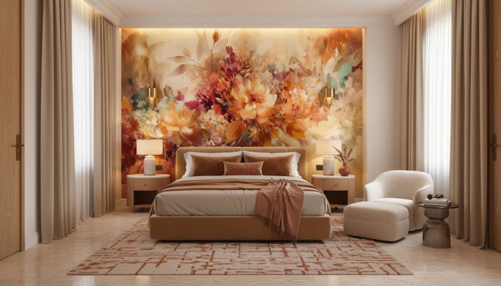 Papier Peint Floral Aquarelle Tons Chauds Automne Explosion Artistique - Hôtel