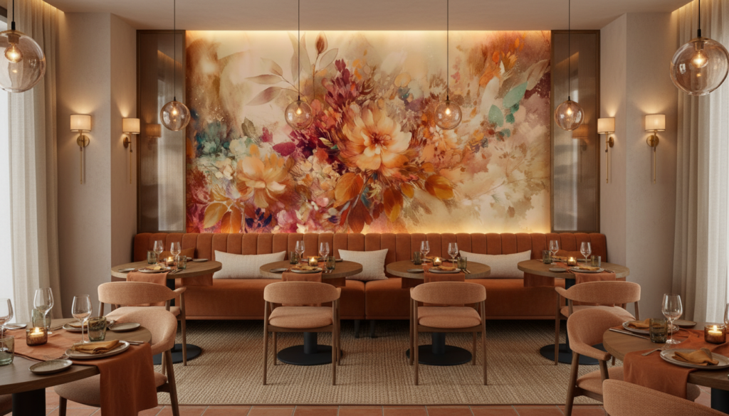 Papier Peint Floral Aquarelle Tons Chauds Automne Explosion Artistique - Restaurant