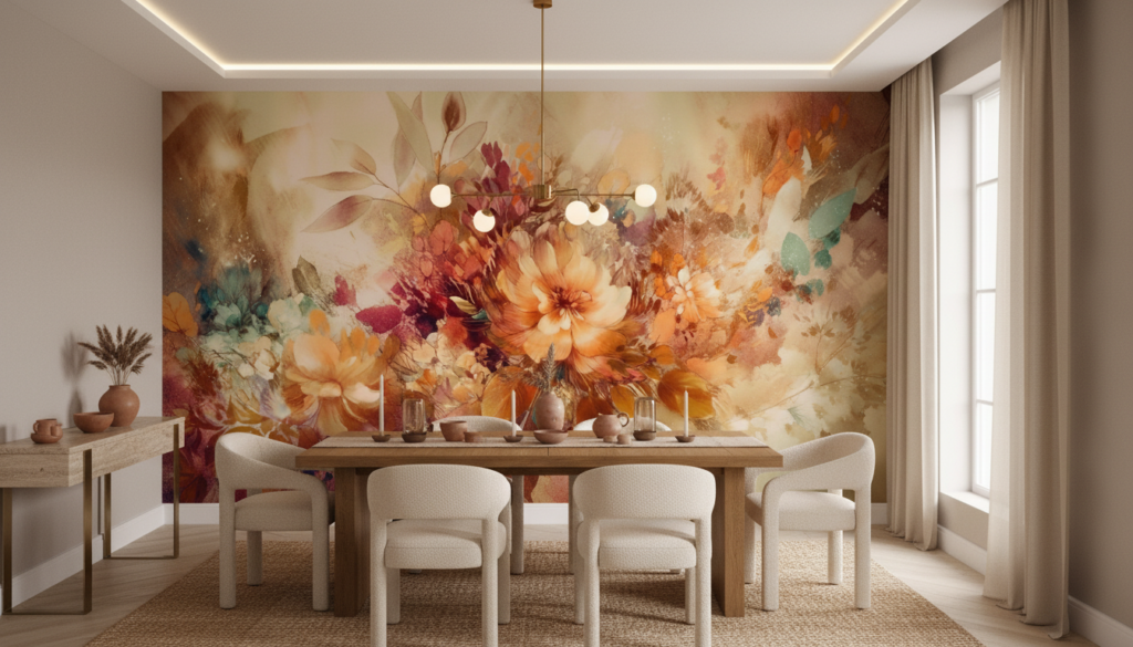 Papier Peint Floral Aquarelle Tons Chauds Automne Explosion Artistique - Salle à manger