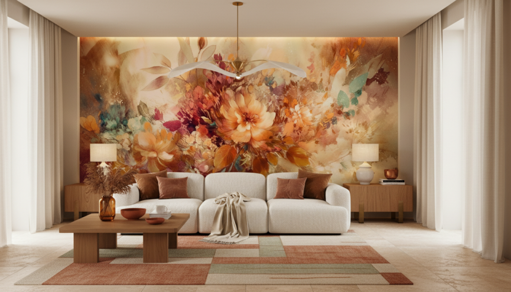 Papier Peint Floral Aquarelle Tons Chauds Automne Explosion Artistique - Salon / Séjour