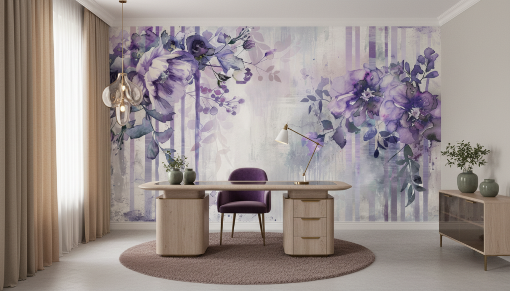 Papier peint floral aquarelle violet et blanc style romantique vintage - Bureau