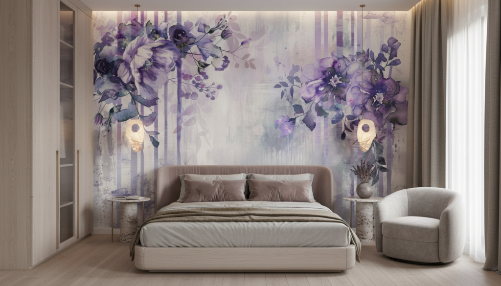 Papier peint floral aquarelle violet et blanc style romantique vintage - Chambre adulte