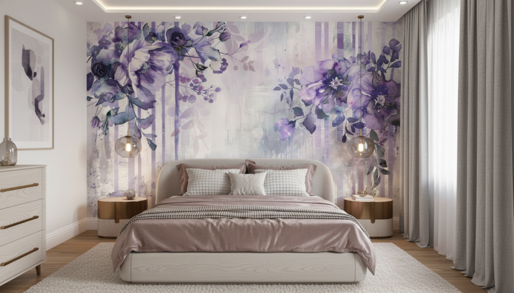 Papier peint floral aquarelle violet et blanc style romantique vintage - Chambre adulte