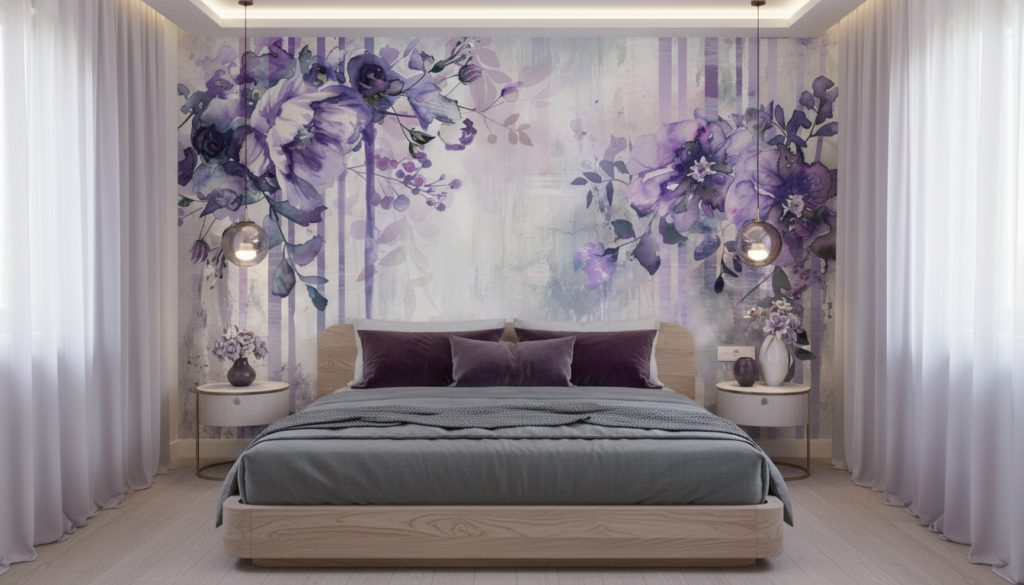 Papier peint floral aquarelle violet et blanc style romantique vintage - Chambre adulte