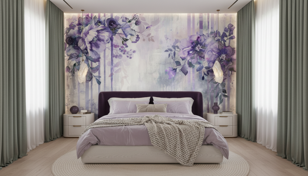 Papier peint floral aquarelle violet et blanc style romantique vintage - Chambre adulte