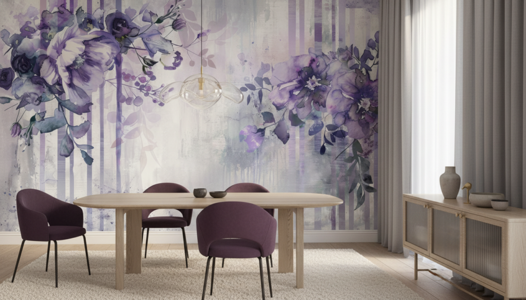 Papier peint floral aquarelle violet et blanc style romantique vintage - Salle à manger