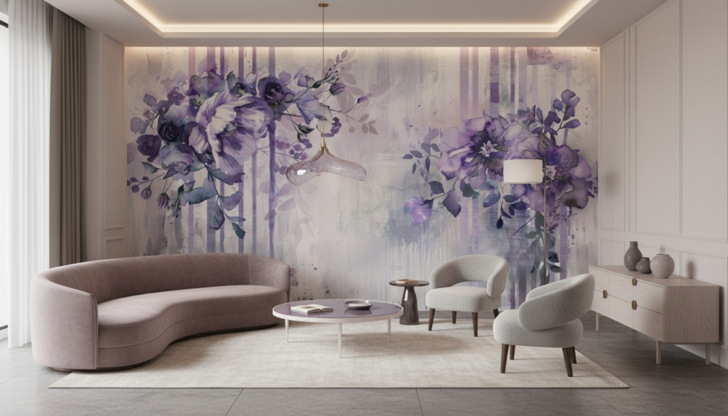 Papier peint floral aquarelle violet et blanc style romantique vintage - Salon / Séjour