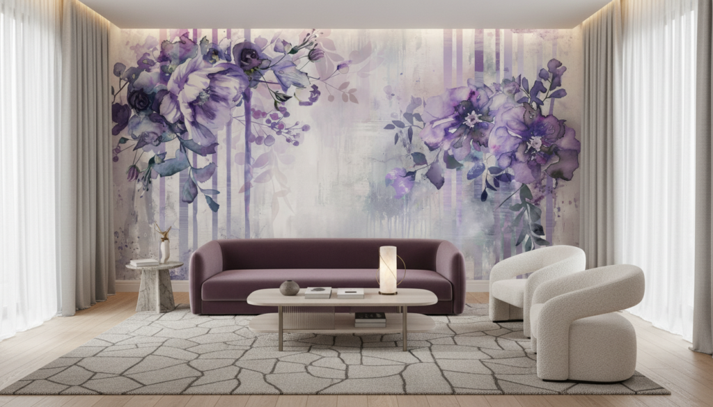 Papier peint floral aquarelle violet et blanc style romantique vintage - Salon / Séjour