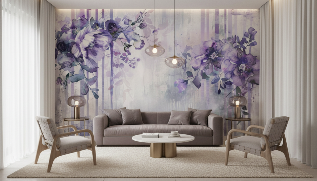 Papier peint floral aquarelle violet et blanc style romantique vintage - Salon / Séjour