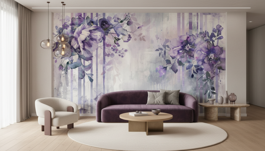 Papier peint floral aquarelle violet et blanc style romantique vintage - Salon / Séjour