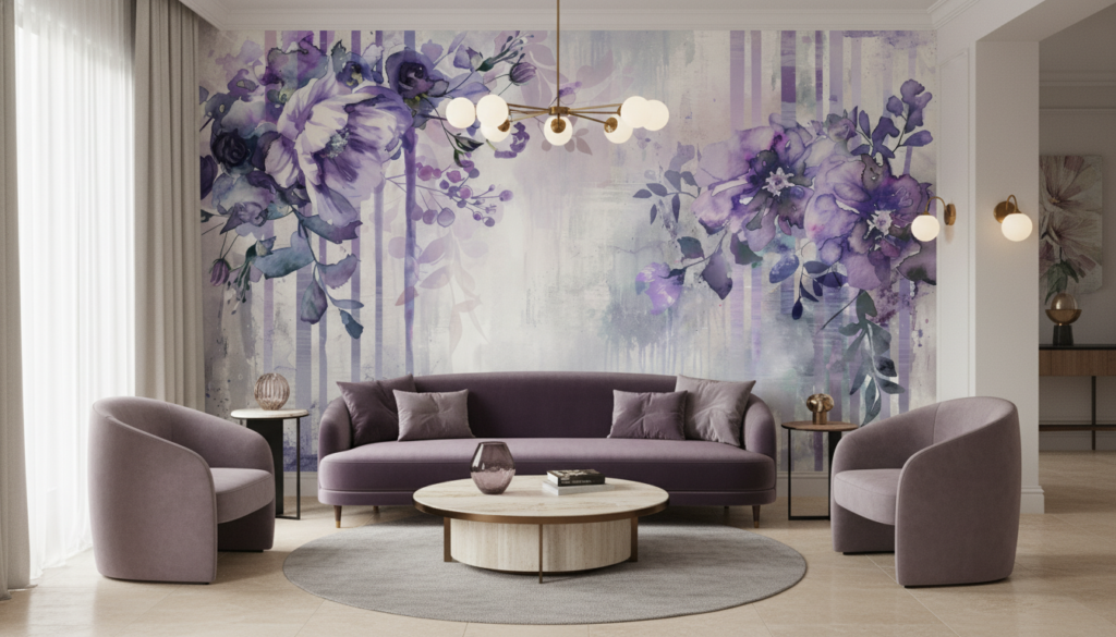 Papier peint floral aquarelle violet et blanc style romantique vintage - Salon / Séjour