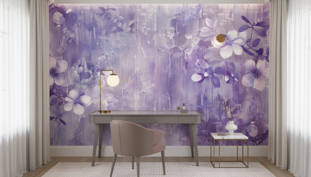 Papier peint floral aquarelle violet nuances délicates romantique - Bureau