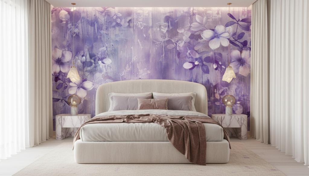 Papier peint floral aquarelle violet nuances délicates romantique - Chambre adulte