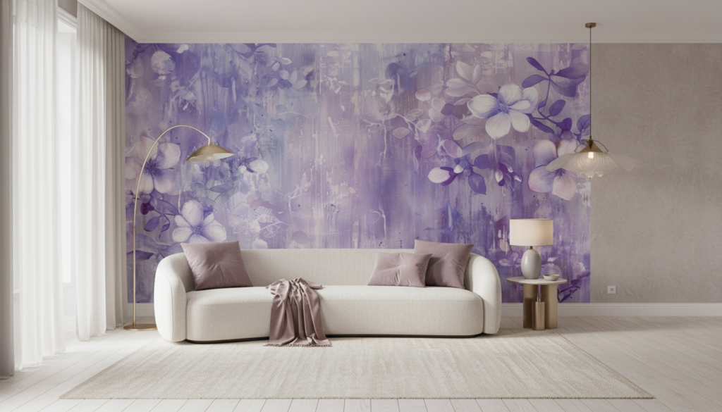 Papier peint floral aquarelle violet nuances délicates romantique - Salon / Séjour