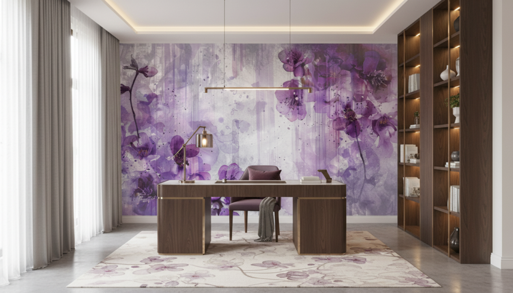 Papier peint floral aquarelle violette aux délicates fleurs romantiques - Bureau