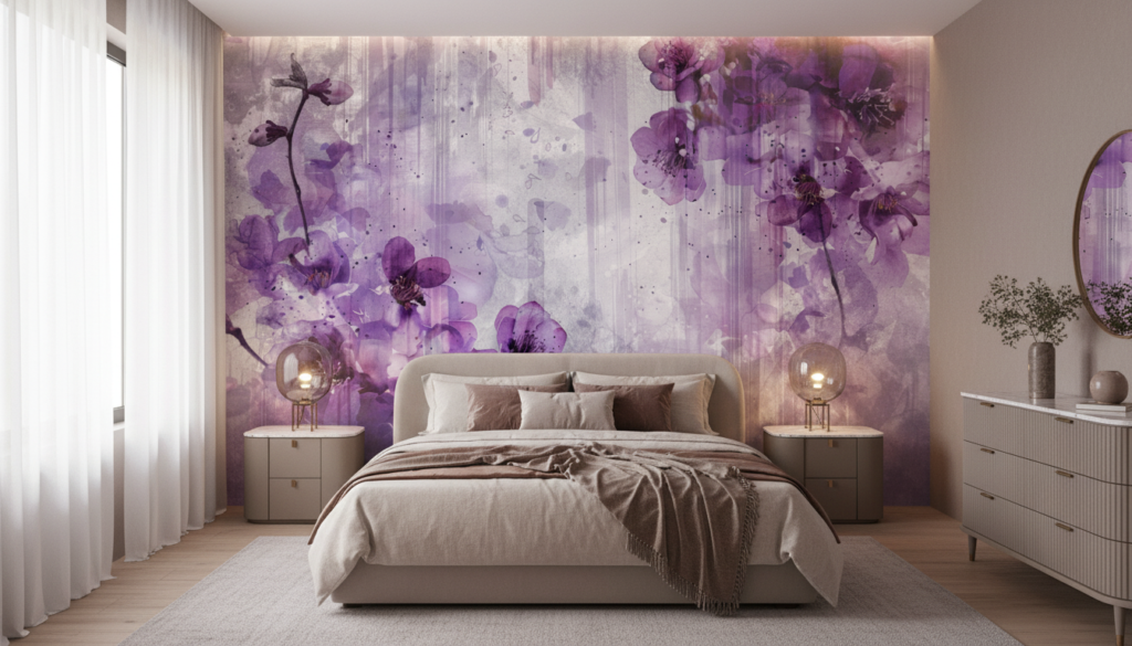 Papier peint floral aquarelle violette aux délicates fleurs romantiques - Chambre adulte