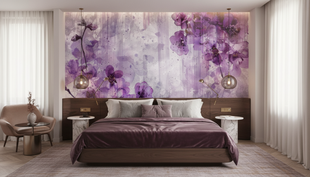 Papier peint floral aquarelle violette aux délicates fleurs romantiques - Hôtel