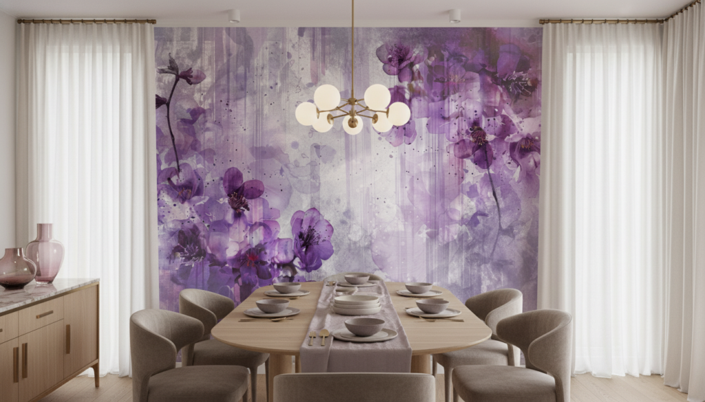 Papier peint floral aquarelle violette aux délicates fleurs romantiques - Salle à manger